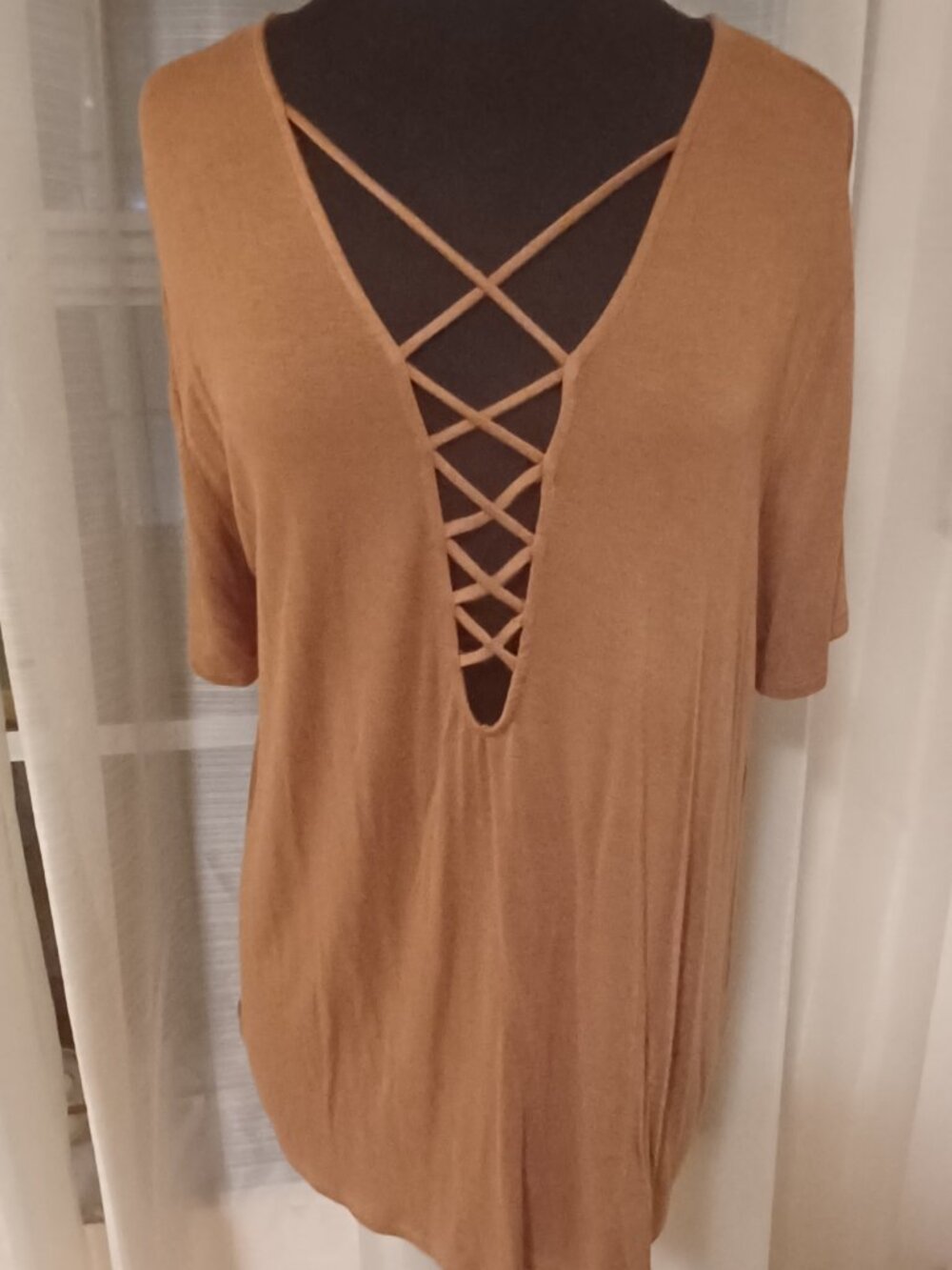 Hippie Chic Short Pumpkin Spice Color Criss Cross Extra Low Neckline Top